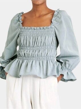 NWOT 100% Cotton Smocked Peplum Long-Sleeve Top in Chambray